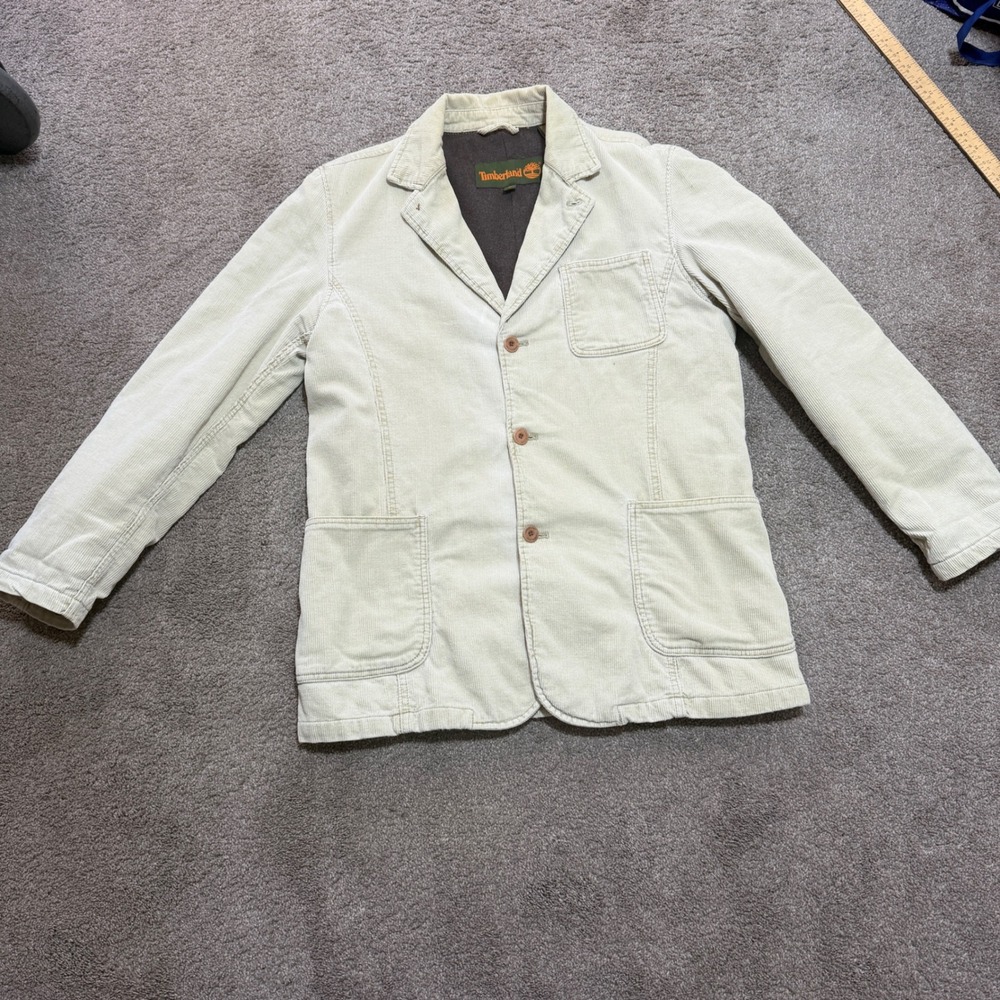 Timberland Mens Corduroy Blazer Jacket Cream Beige Wool Lined Size L Large